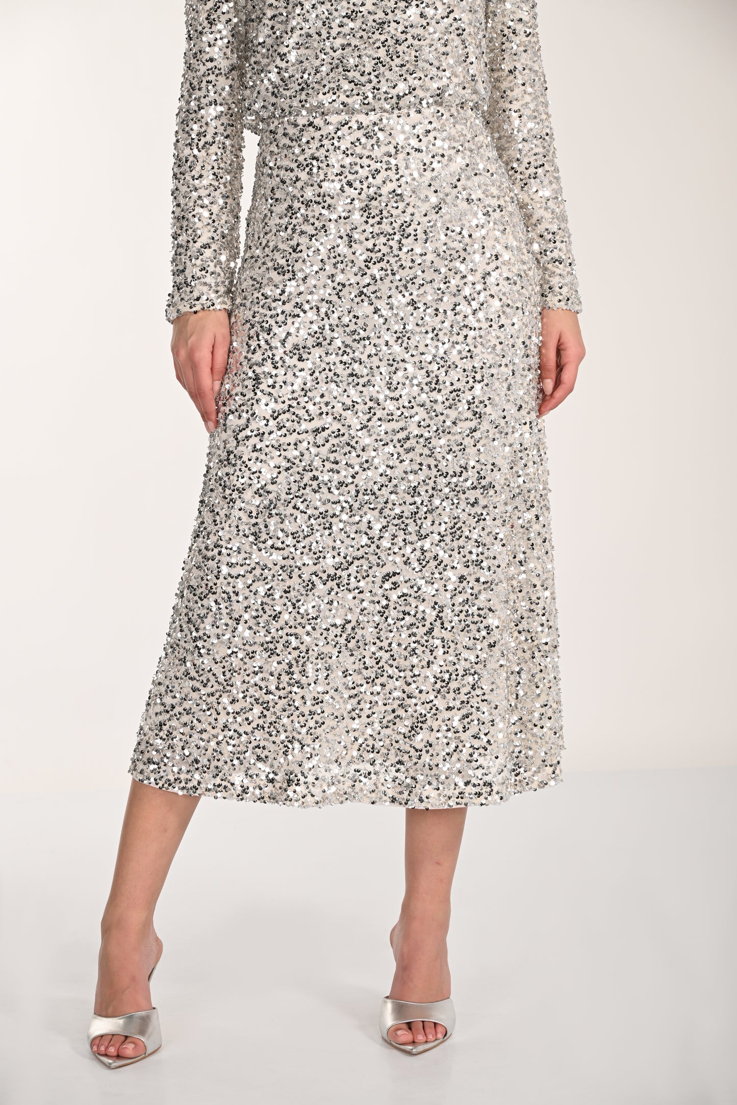 Frank Lyman-268148-Knit Skirt-Stone/Silver - The Coach Pyramids