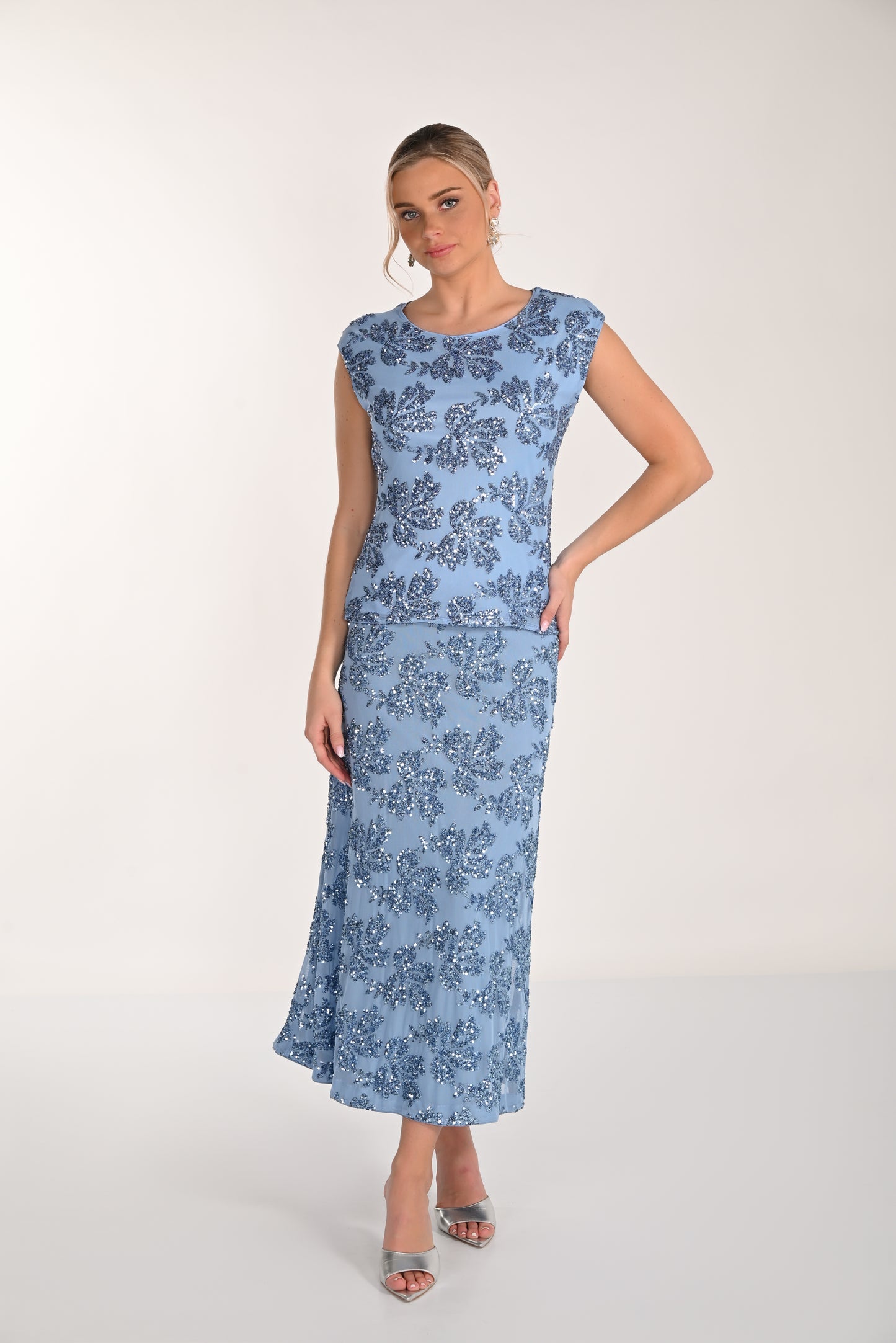 Frank Lyman-268252-Knit Skirt-Sky Blue - The Coach Pyramids