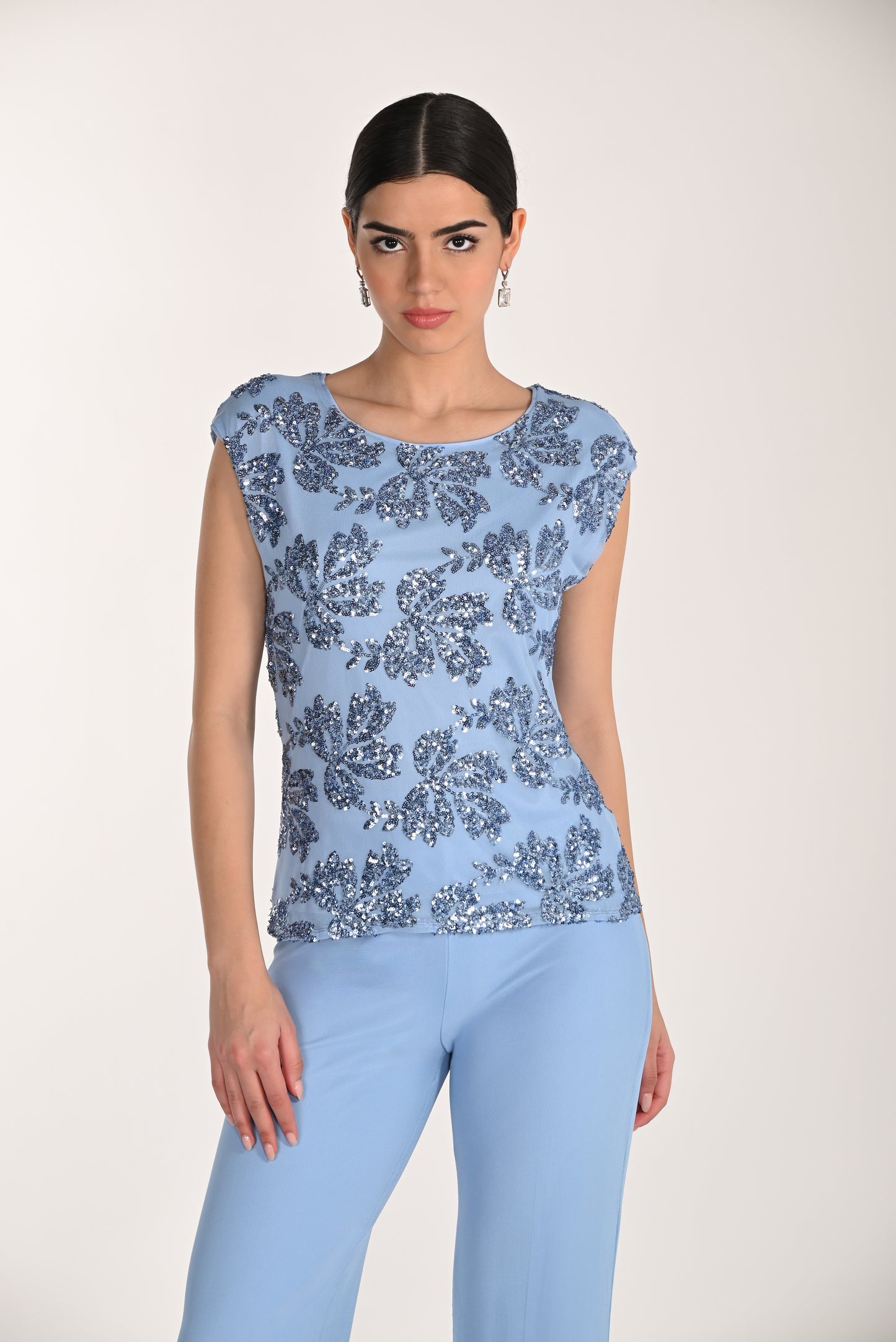 Frank Lyman-268253-Knit Top-Sky Blue - The Coach Pyramids