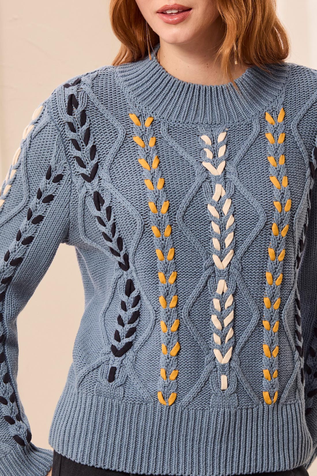 Tribal-L/S Mock Neck Sweater W/Cables Detail-3129O-1633-Blue Fog - The Coach Pyramids