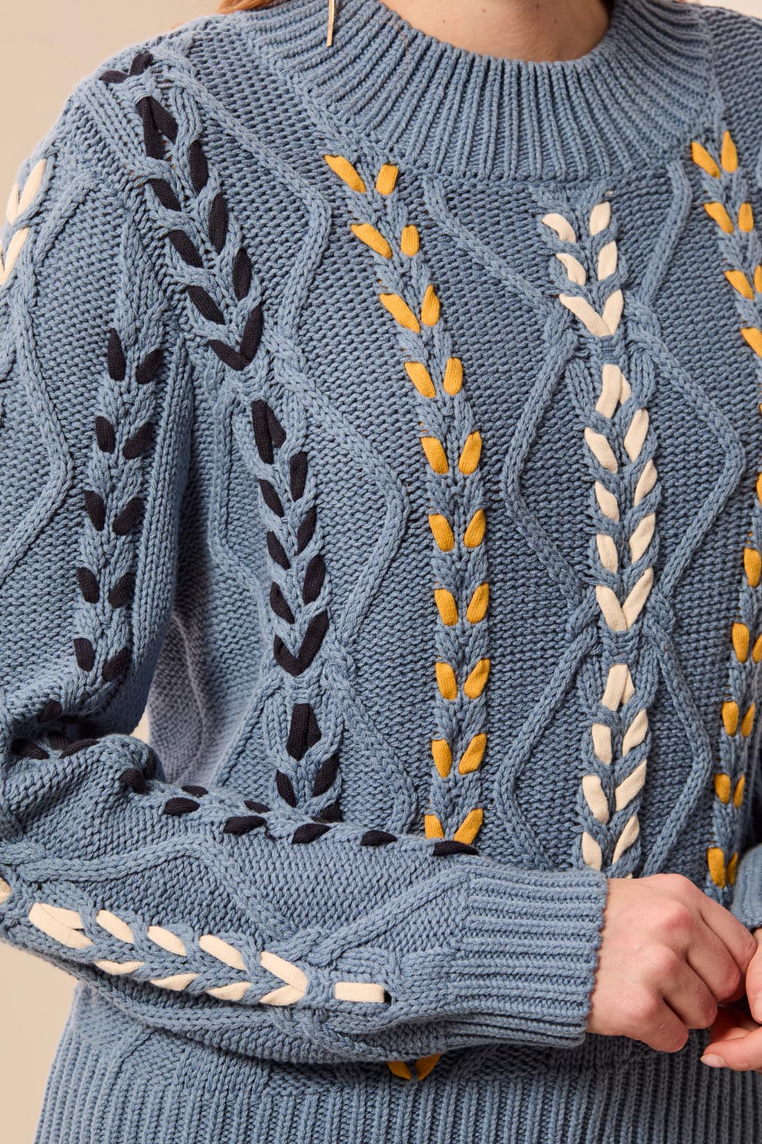 Tribal-L/S Mock Neck Sweater W/Cables Detail-3129O-1633-Blue Fog - The Coach Pyramids