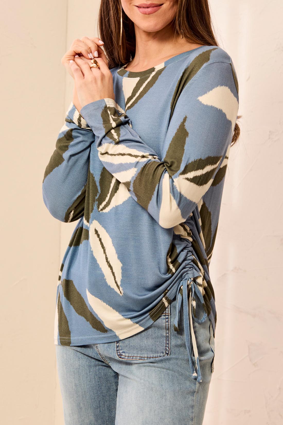 Tribal-L/S Crew Neck Top W/Side Ruching-3168O-1633-Blue Fog - The Coach Pyramids