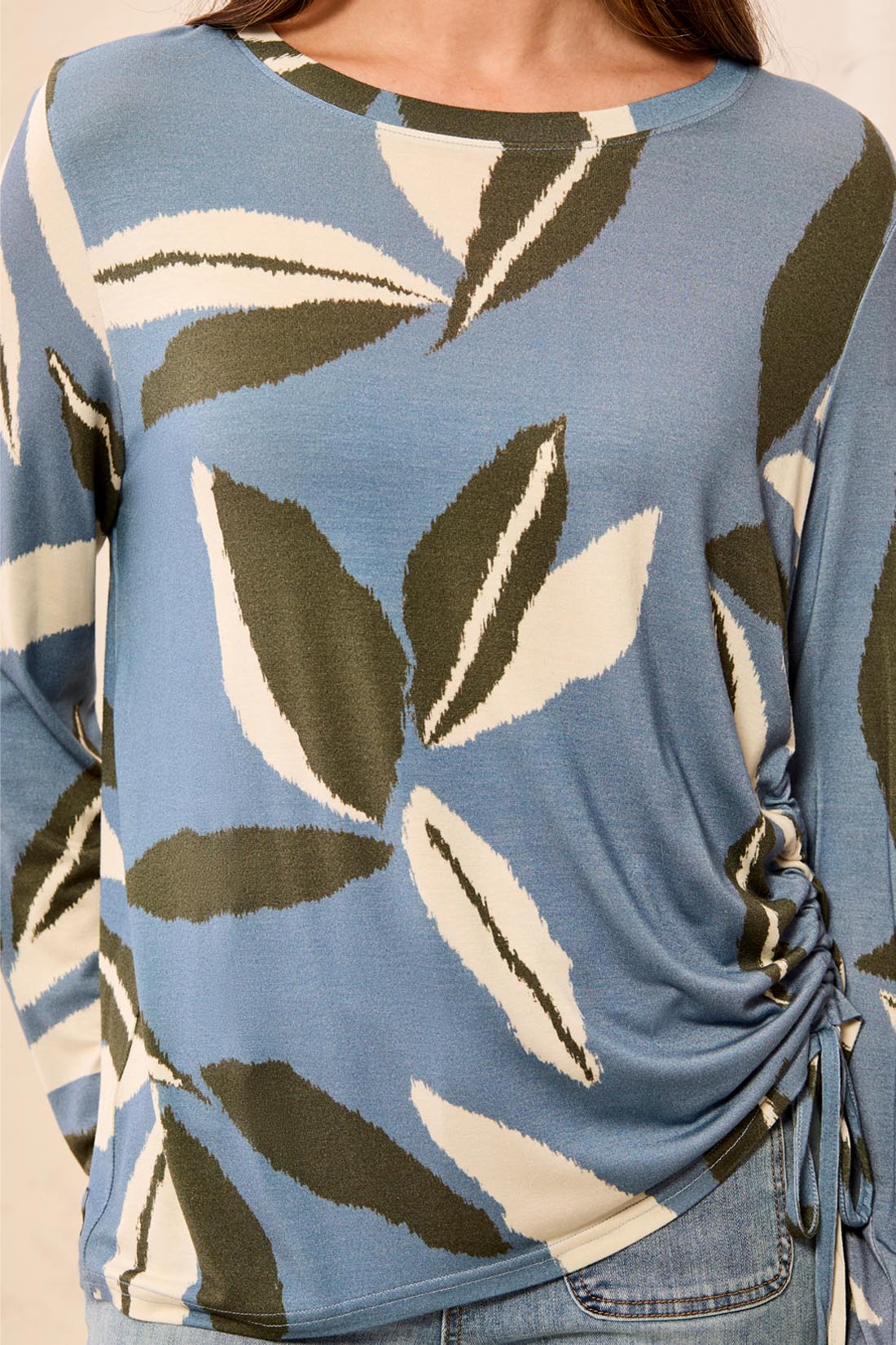 Tribal-L/S Crew Neck Top W/Side Ruching-3168O-1633-Blue Fog - The Coach Pyramids