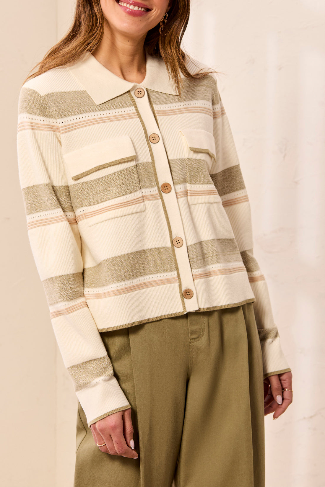 Tribal-Sweater Cardigan W/Collar And Pockets-3175O-3111-Moonstone - The Coach Pyramids