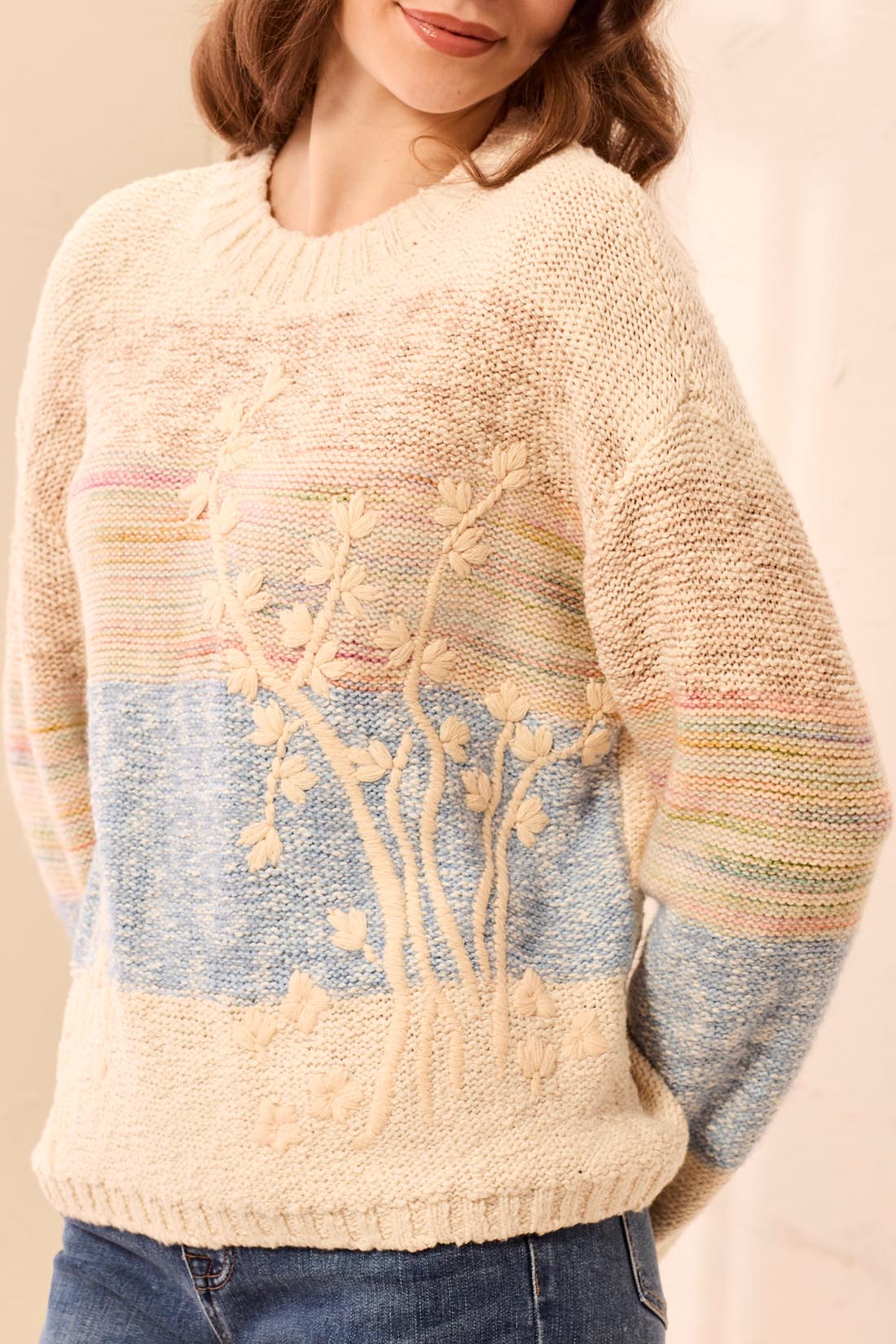 Tribal-L/S Crew Neck Sweater W/Embroidery-3194O-1524-Azure - The Coach Pyramids