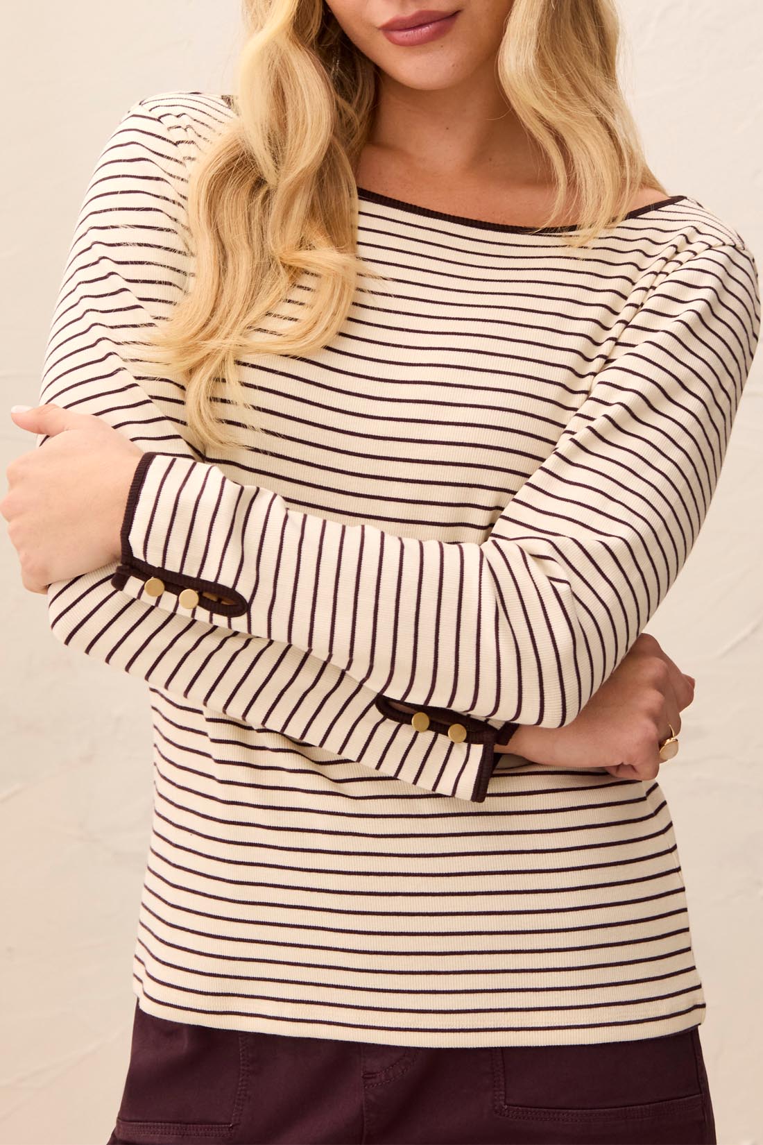 Tribal-L/S Boat Neck Top W/Button Detail-3206O-0759-Fudge - The Coach Pyramids