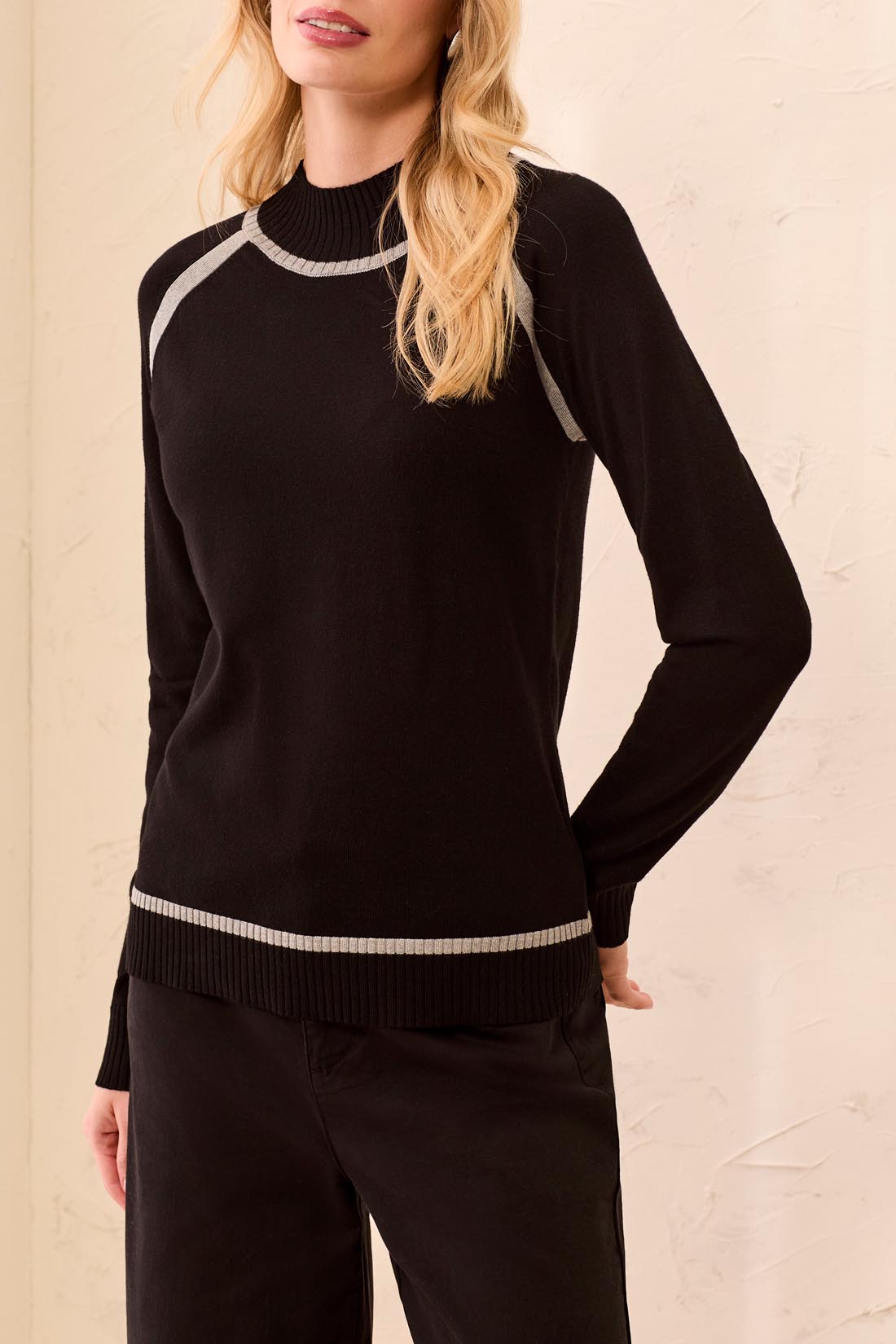 Tribal-L/S Mock Neck Sweater W/Tipping Detail-3226O-0002-Black - The Coach Pyramids