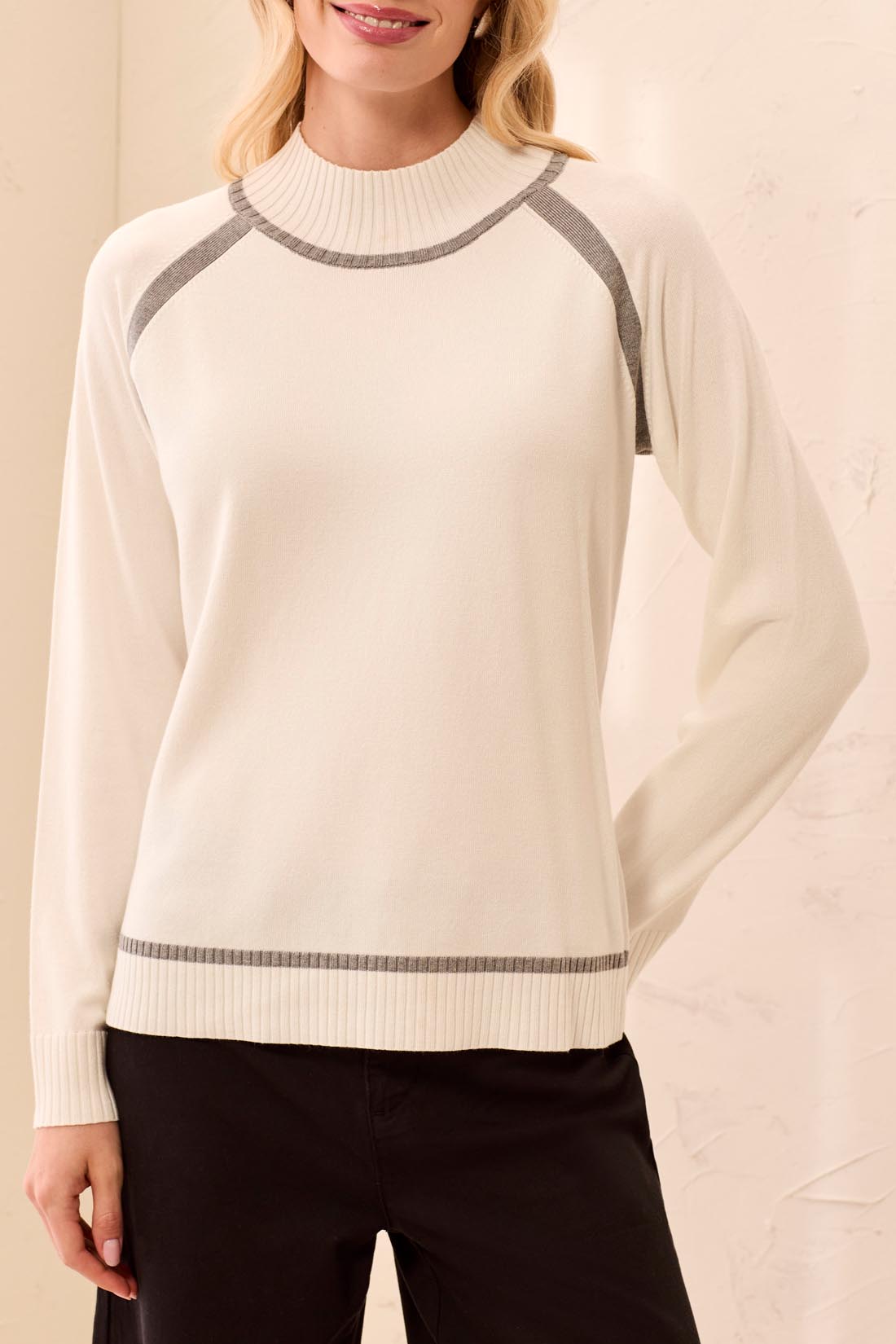Tribal-L/S Mock Neck Sweater W/Tipping Detail-3226O-0026-Cream - The Coach Pyramids