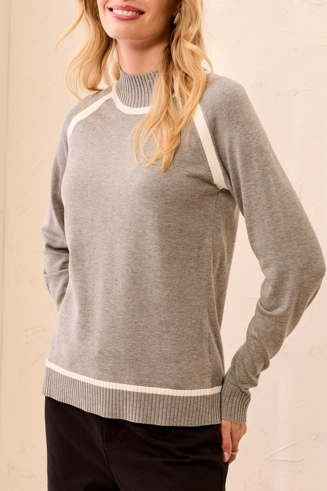 Tribal-L/S Mock Neck Sweater W/Tipping Detail-3226O-0266-Grey Mix - The Coach Pyramids