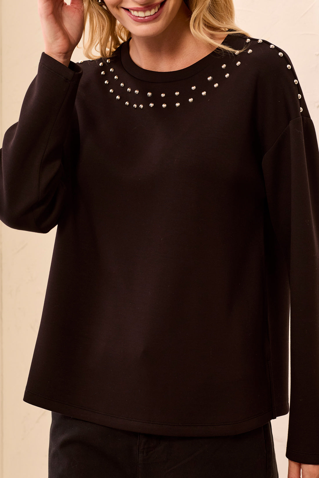 Tribal-L/S Crew Neck Top W/Studs Det-3245O-0002-Black - The Coach Pyramids