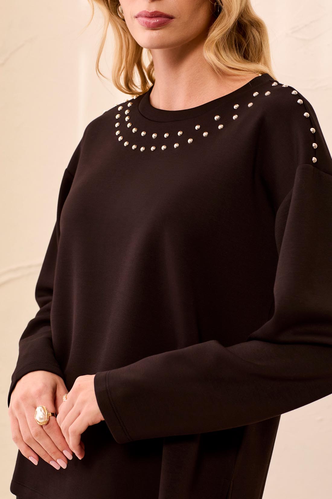 Tribal-L/S Crew Neck Top W/Studs Det-3245O-0002-Black - The Coach Pyramids