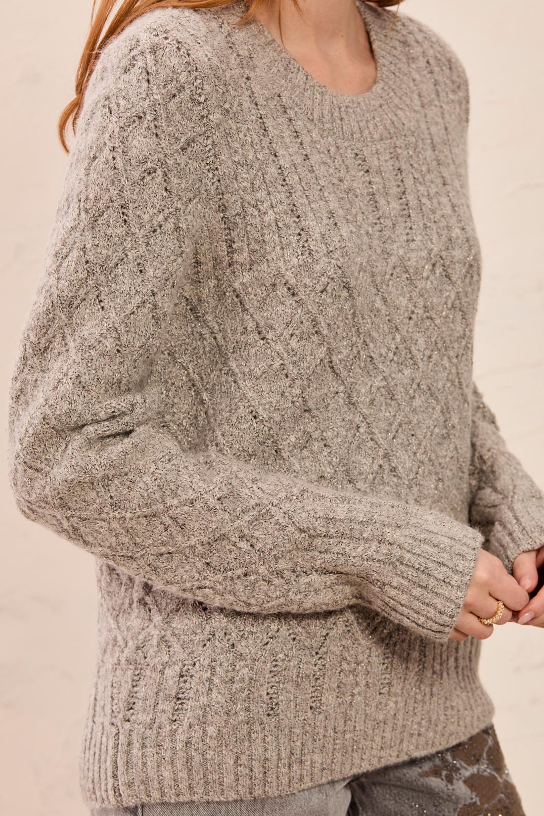 Tribal-L/S Crew Neck Sweater W/Cables Detail-3265O-0266-Grey Mix - The Coach Pyramids