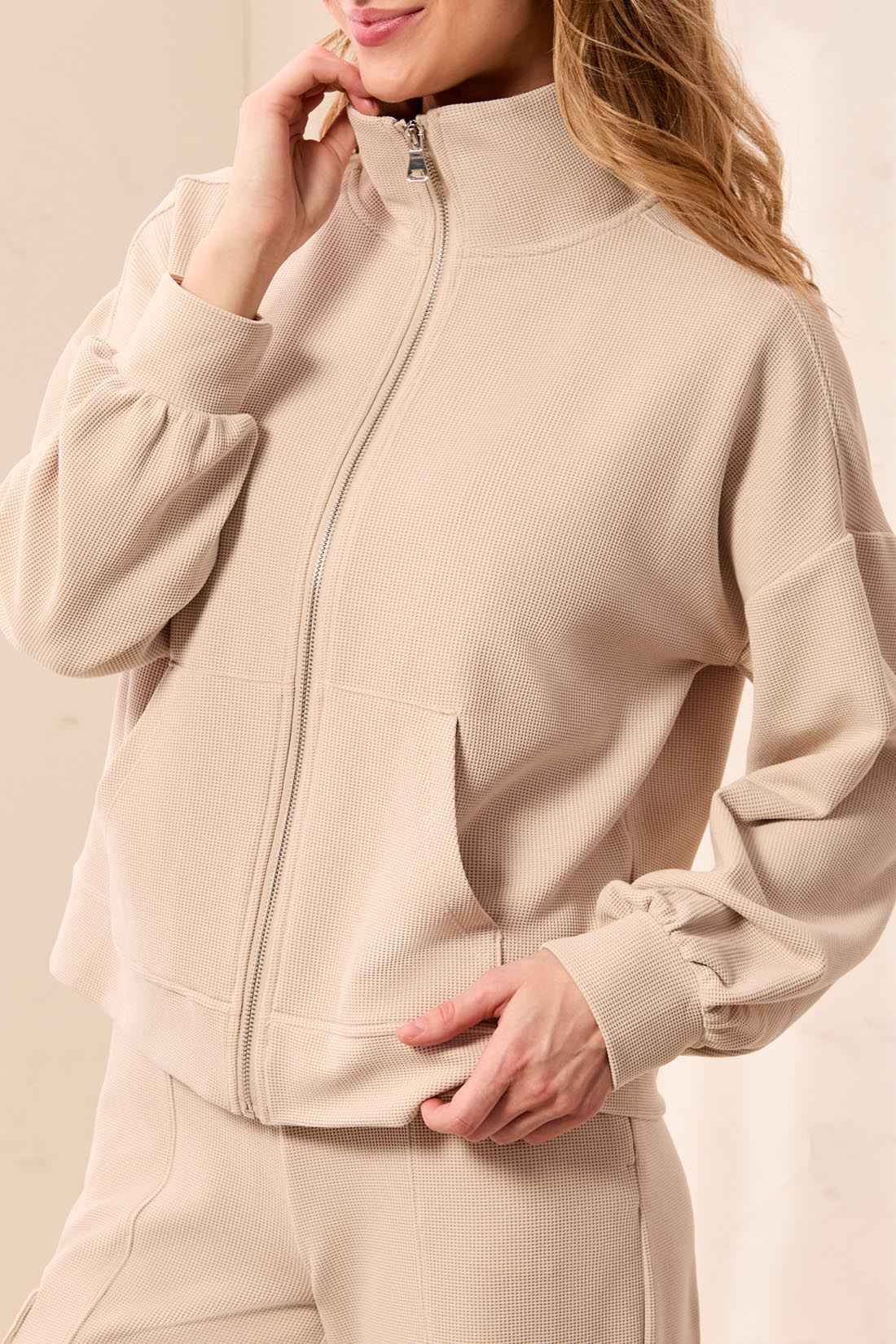 Tribal-L/S Mock Neck Zip Cardigan W/Pocket-3277O-2416-Sand Dune - The Coach Pyramids