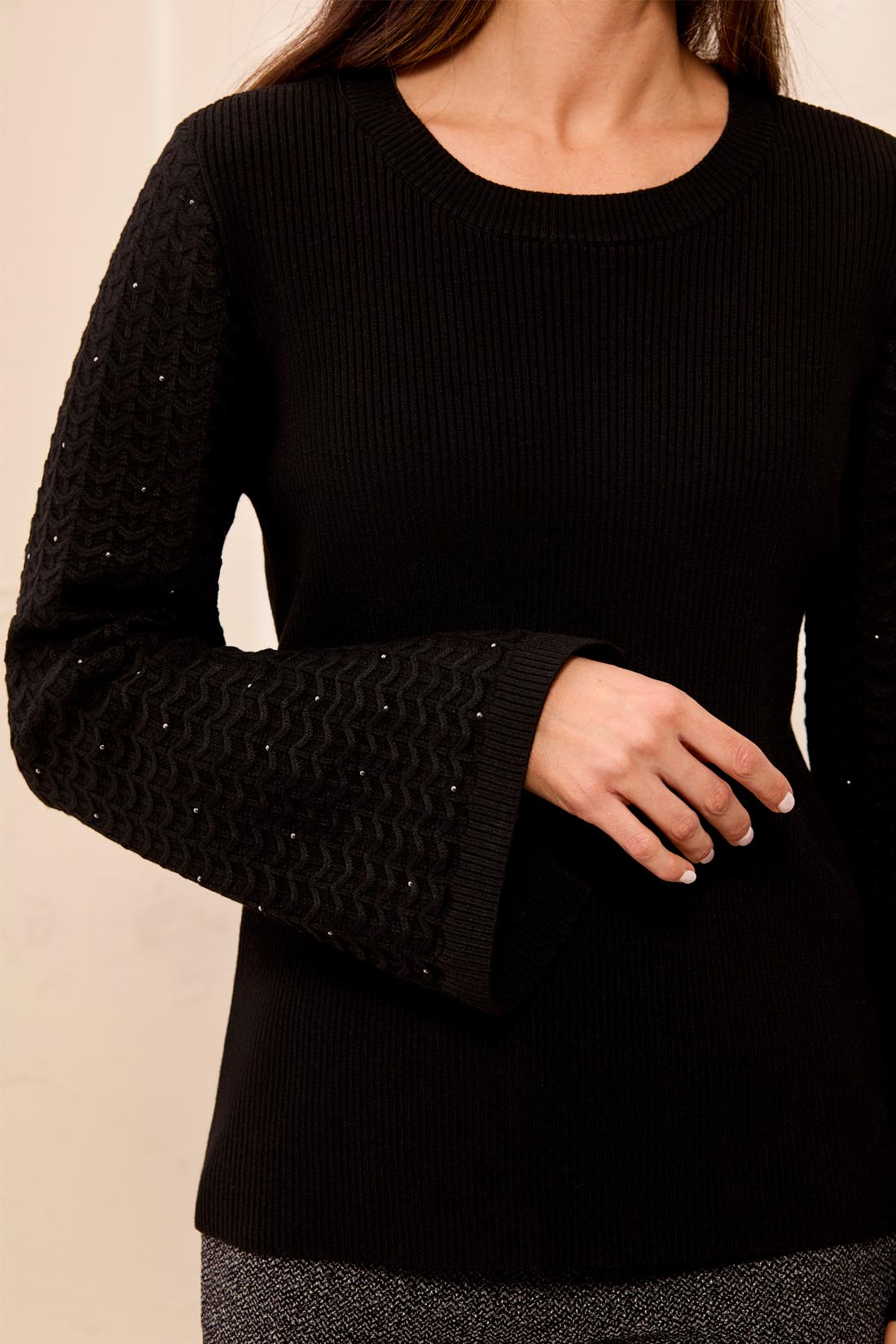 Tribal-L/S Crew Neck Sweater W/Studded Sleeves-3282O-0002-Black - The Coach Pyramids