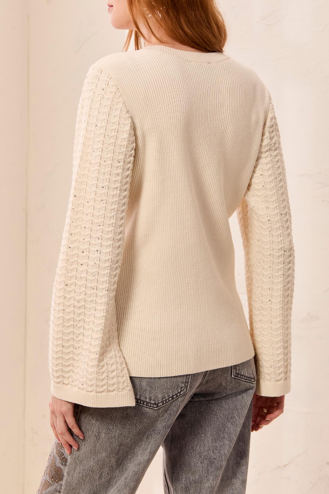 Tribal-L/S Crew Neck Sweater W/Studded Sleeves-3282O-0026-Cream - The Coach Pyramids