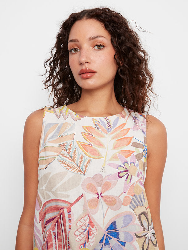Charlie B-C4696P-P509-Printed Sleeveless Top W/Drawcord At Hem-Maui - The Coach Pyramids