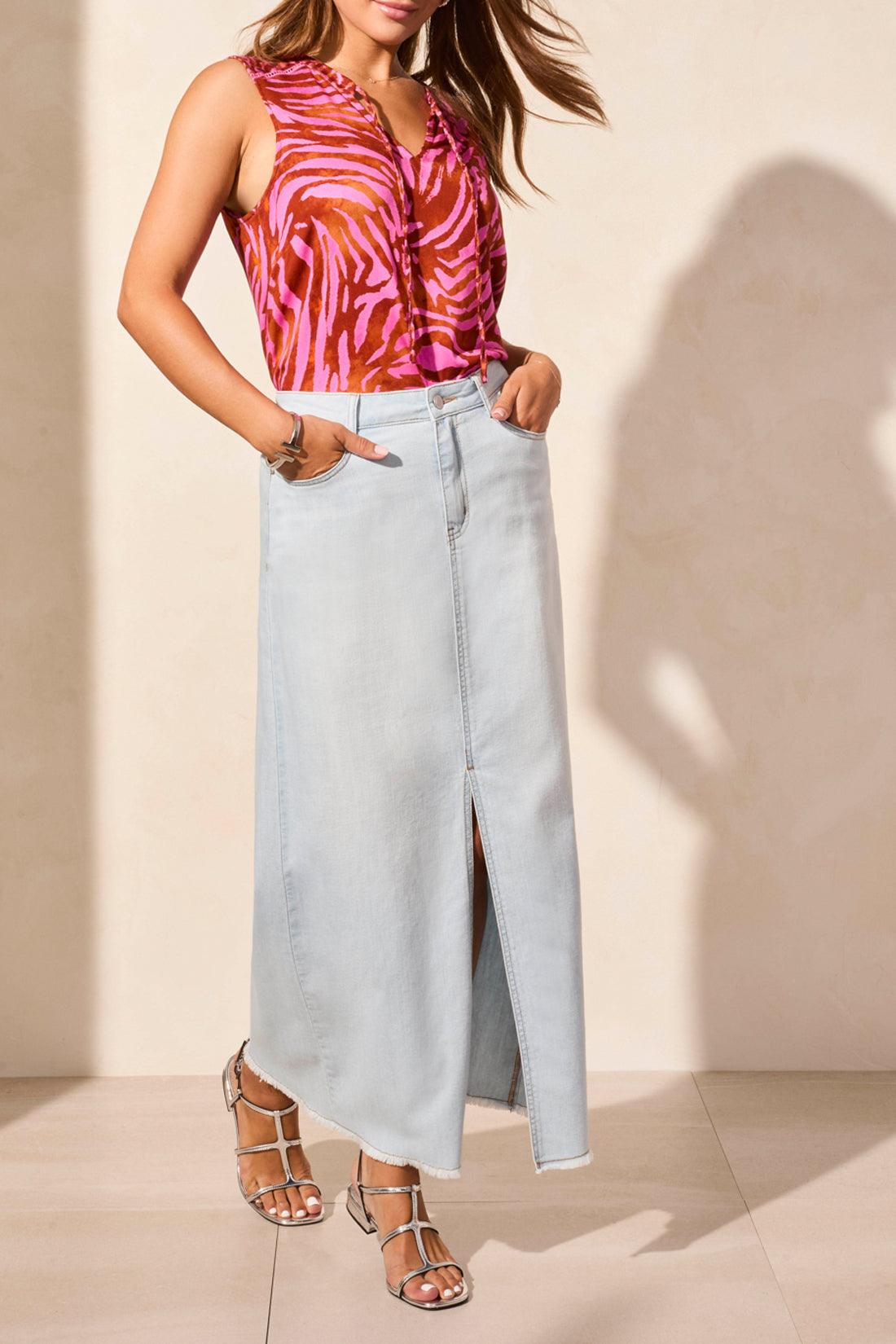 Tribal Spring/Summer 2025-5407O-4984-Full Length Denim Skirt W/Pockets And Slit-Blue White - The Coach Pyramids