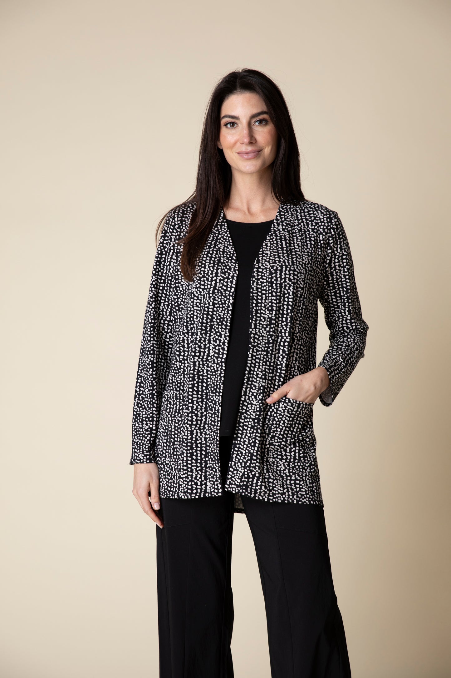 Habitat Fall 2024-H55035-Long Shirred Back Open Front Jacket-Black - The Coach Pyramids