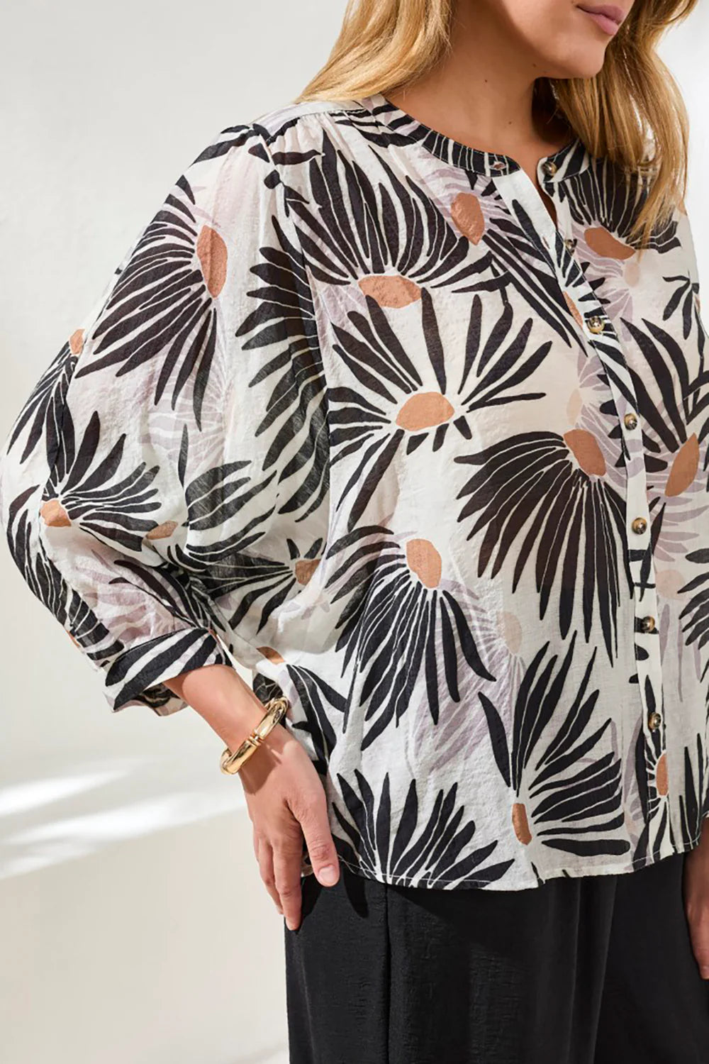 Tribal Flowy Dolman Sleeve Blouse W/Self Covering Buttons-5539O-0289-White/Black - The Coach Pyramids