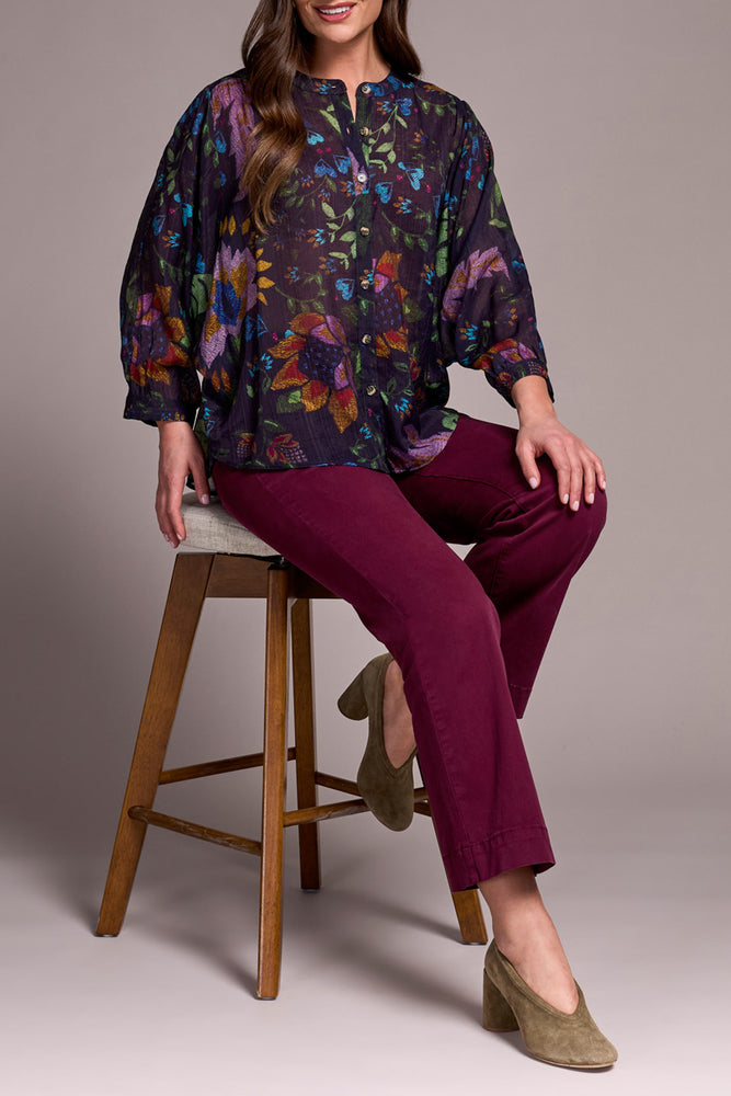 Tribal Fall 2025-5539O-4996-Flowy Dolman Sleeve Blouse W/Self Covering Buttons-Night Fall - The Coach Pyramids