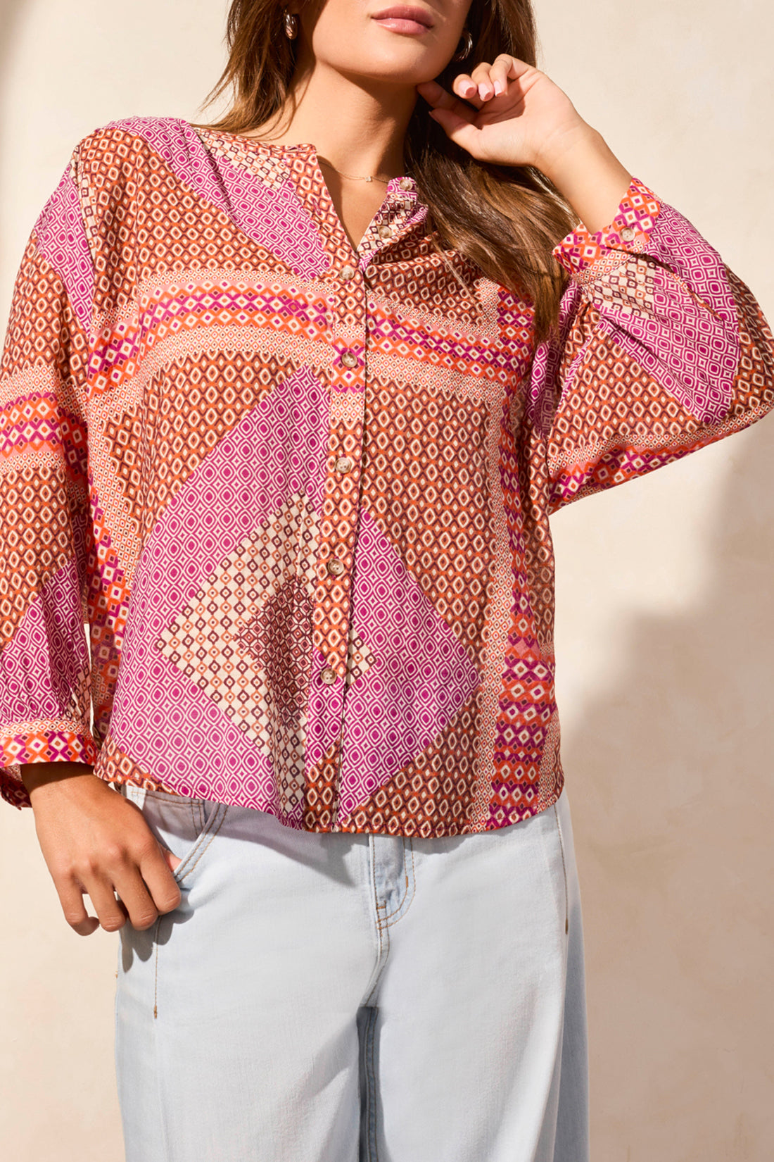 Tribal Spring/Summer 2025-5539O-4996-Flowy Dolman Sleeve Blouse W/Covering Buttons-Passion Fruit - The Coach Pyramids