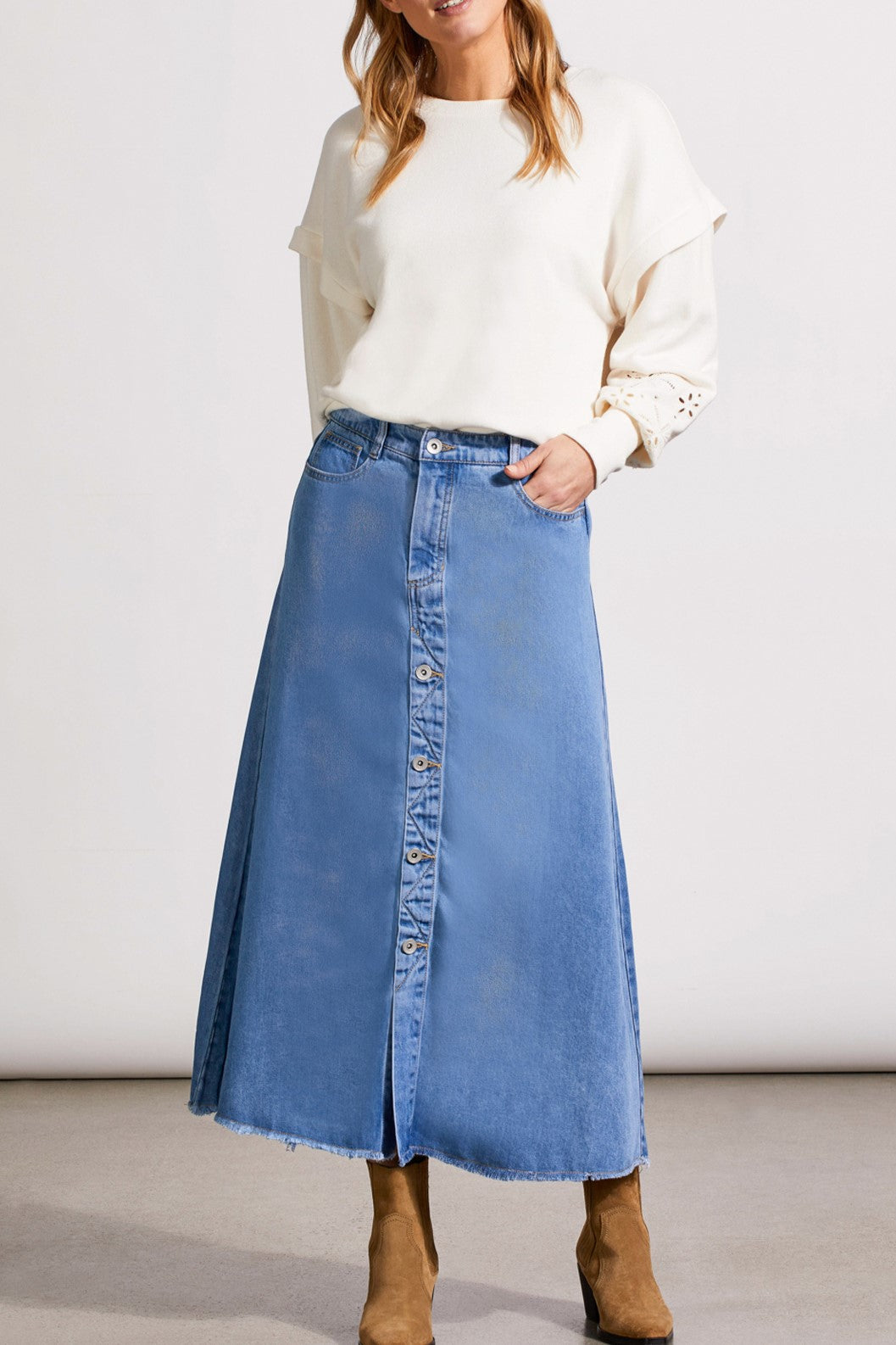 Tribal Fall 2024-5557O/2394-Button Down Midi Skirt W/Pockets-Soft Blue - The Coach Pyramids