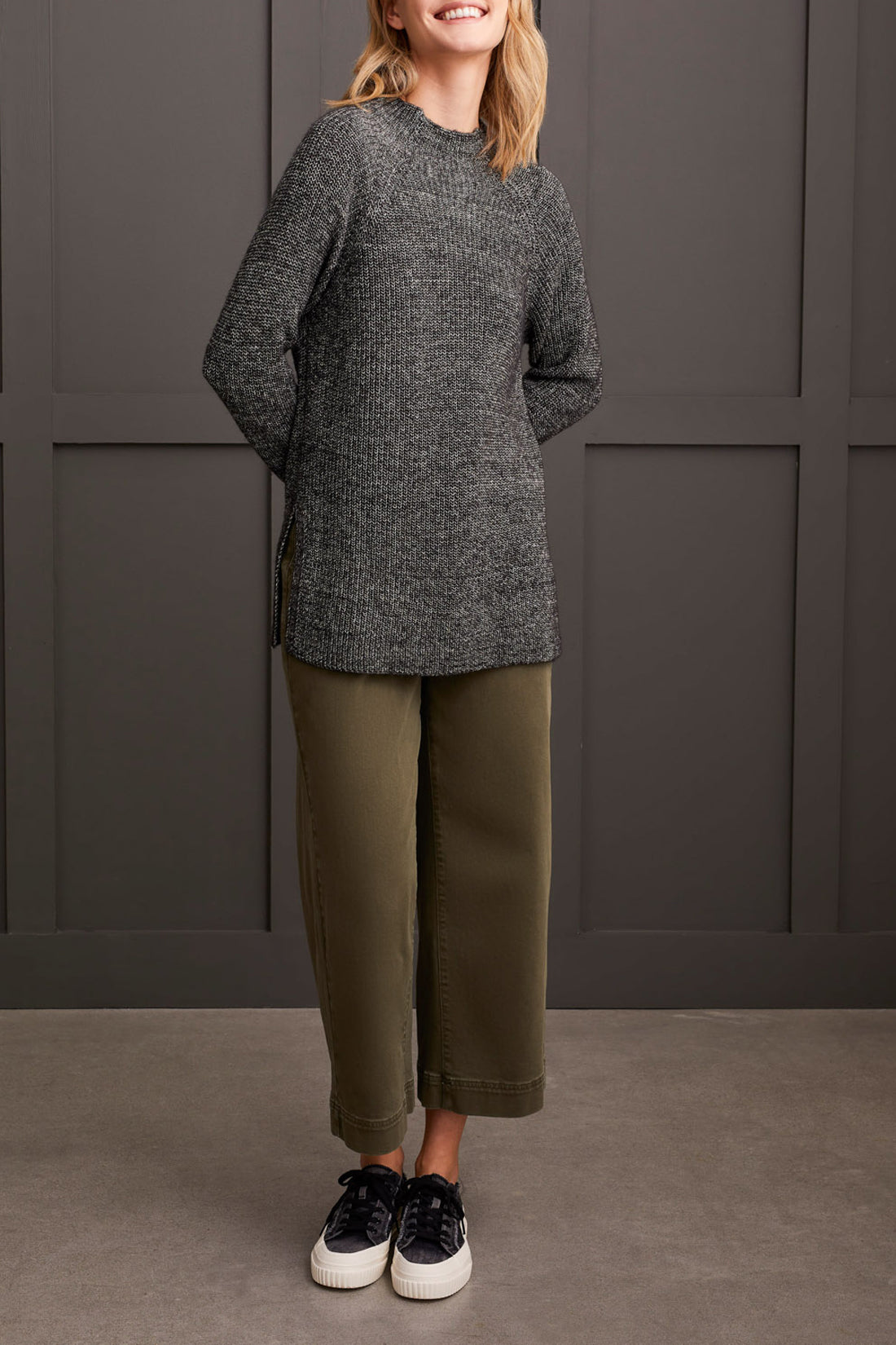 Tribal Fall 2024-5566O/0002-Mock Neck Tunic Sweater W/Side Slits-Black - The Coach Pyramids