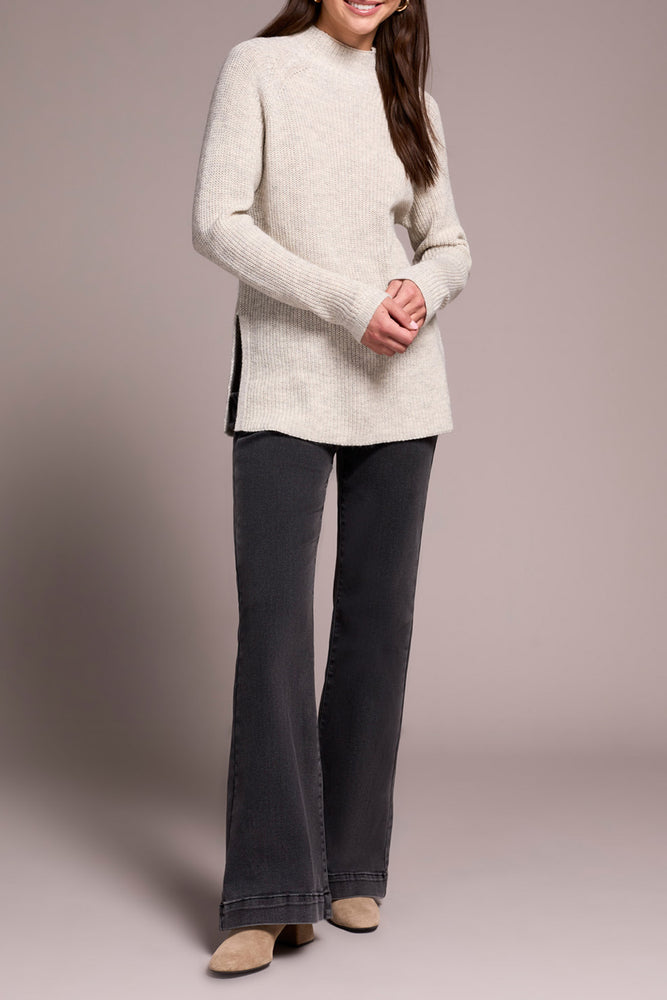 Tribal Fall 2025-5566O-5042-Mock Neck Heathered Knit Sweater W/Side Slits-Cream - The Coach Pyramids
