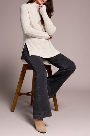 Tribal Fall 2025-5566O-5042-Mock Neck Heathered Knit Sweater W/Side Slits-Cream - The Coach Pyramids
