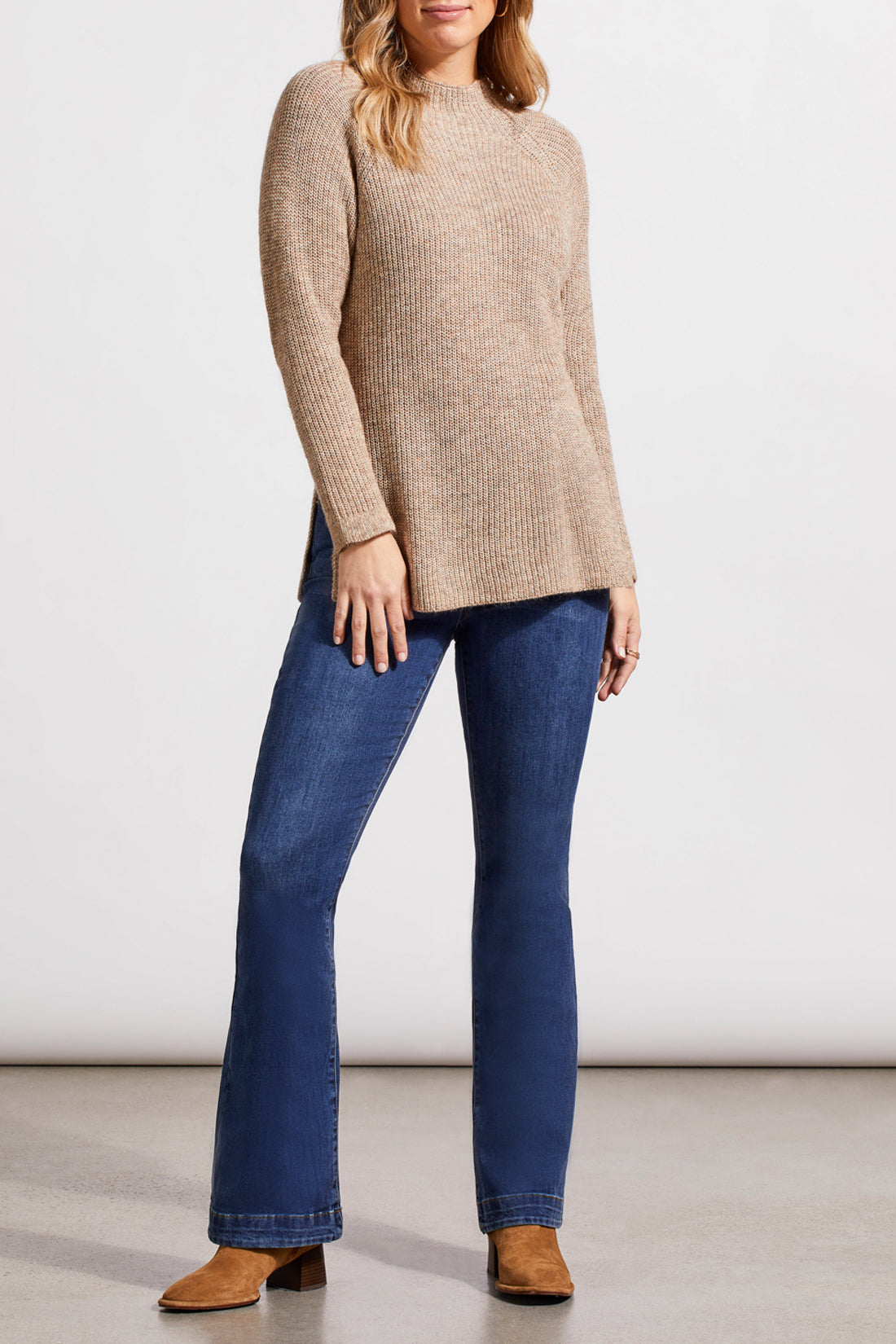 Tribal Fall 2024-5566O/1907-Mock Neck Tunic Sweater W/Side Slits-Nut Shell - The Coach Pyramids