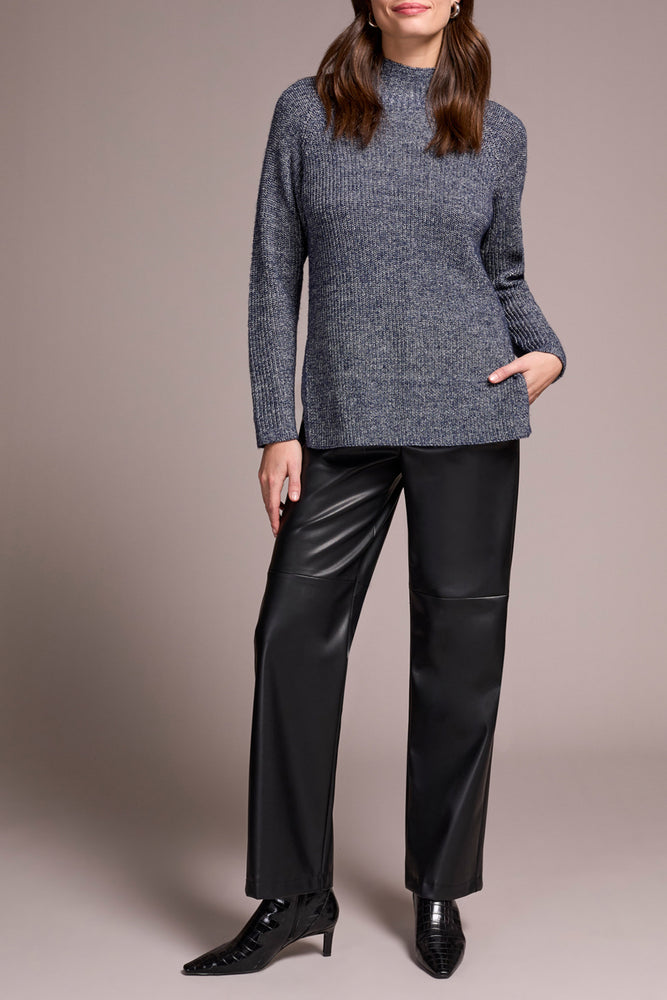 Tribal Fall 2025-5566O-5042-Mock Neck Heathered Knit Sweater W/Side Slits-Night Fall - The Coach Pyramids