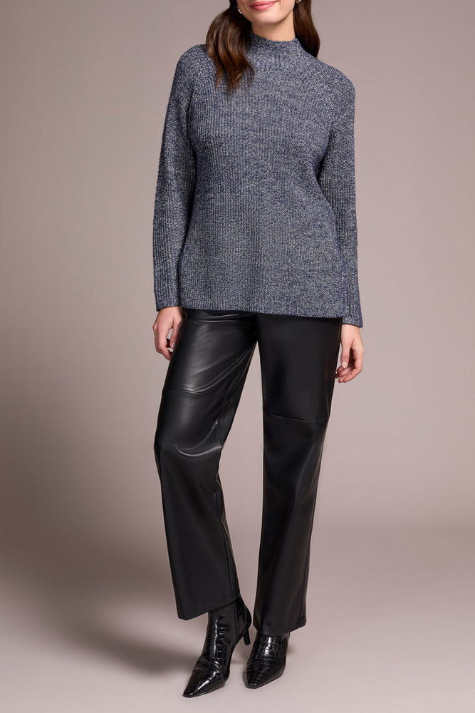 Tribal Fall 2025-5566O-5042-Mock Neck Heathered Knit Sweater W/Side Slits-Night Fall - The Coach Pyramids