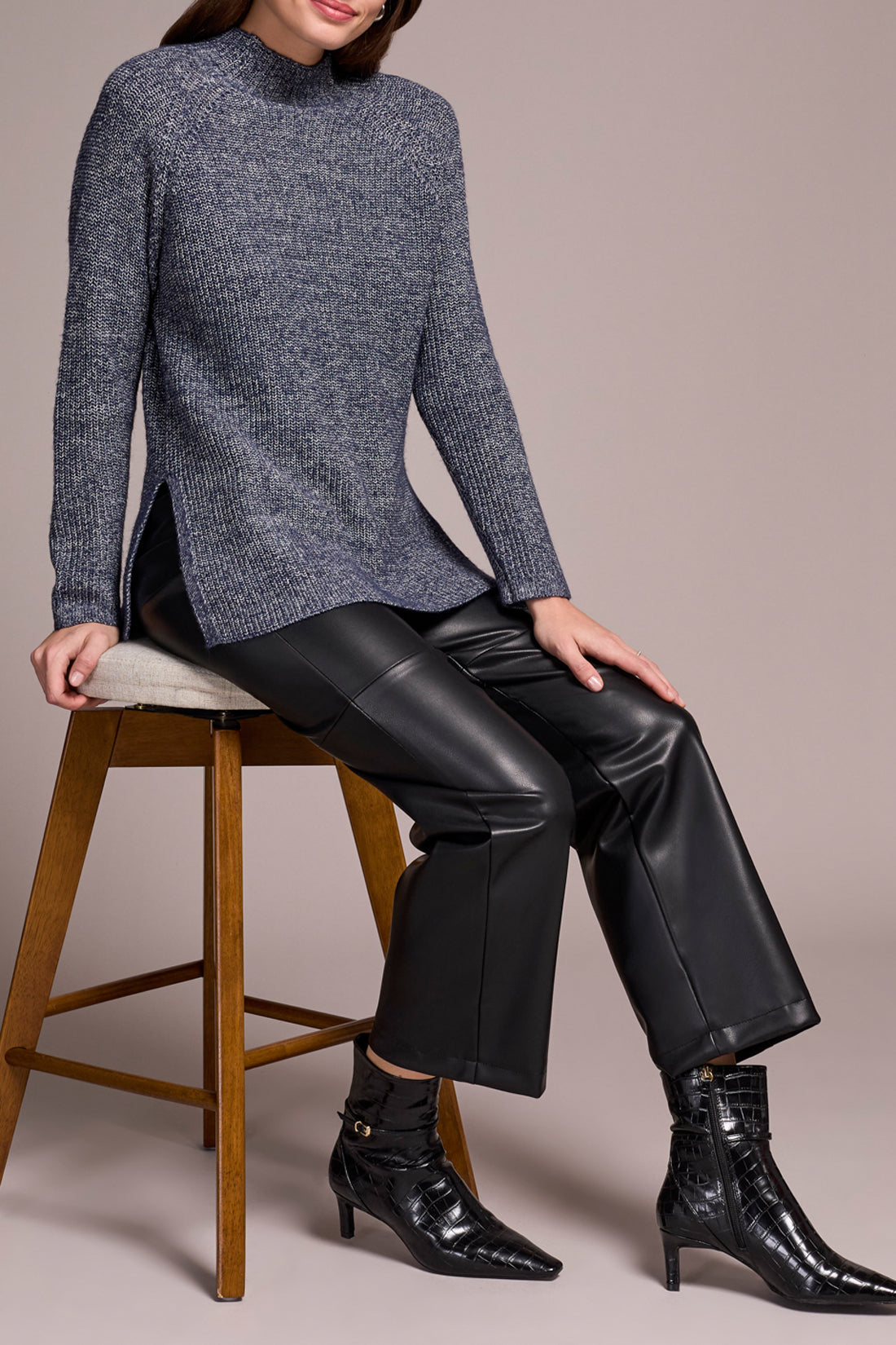 Tribal Fall 2025-5566O-5042-Mock Neck Heathered Knit Sweater W/Side Slits-Night Fall - The Coach Pyramids