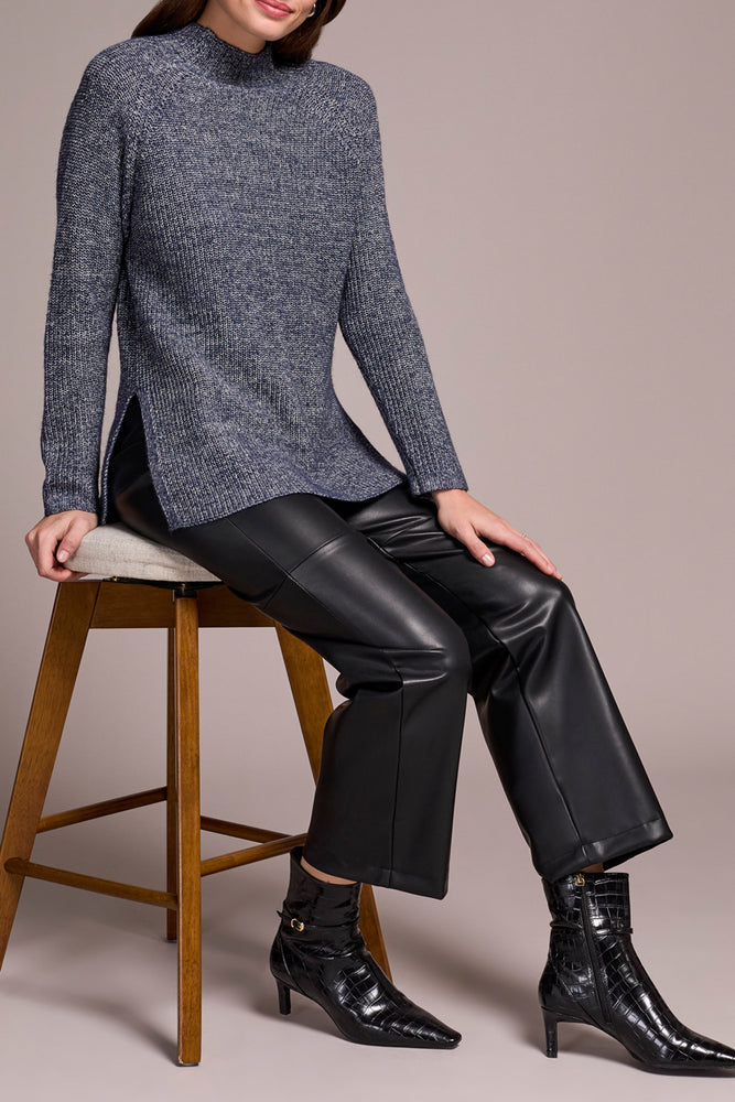 Tribal Fall 2025-5566O-5042-Mock Neck Heathered Knit Sweater W/Side Slits-Night Fall - The Coach Pyramids