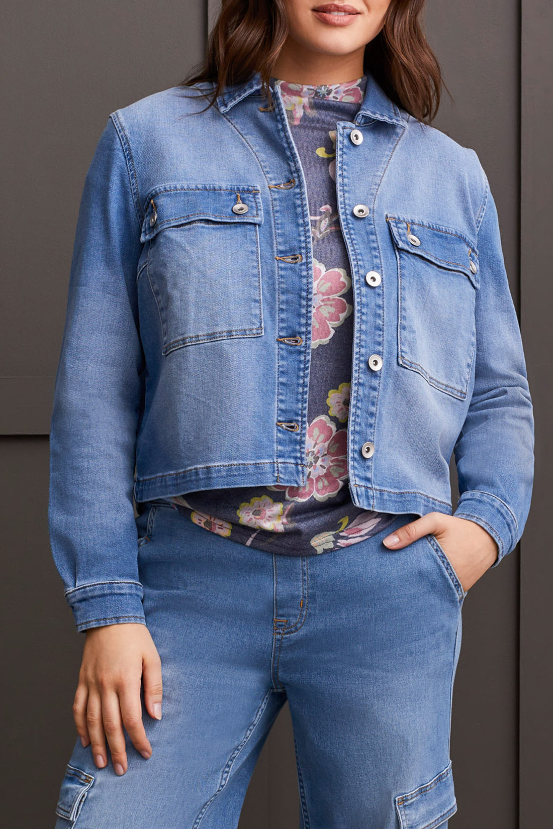 Tribal Fall 2024-5666O/2129-Textured Denim Jacket W/Patch Pockets-Blue Delight - The Coach Pyramids
