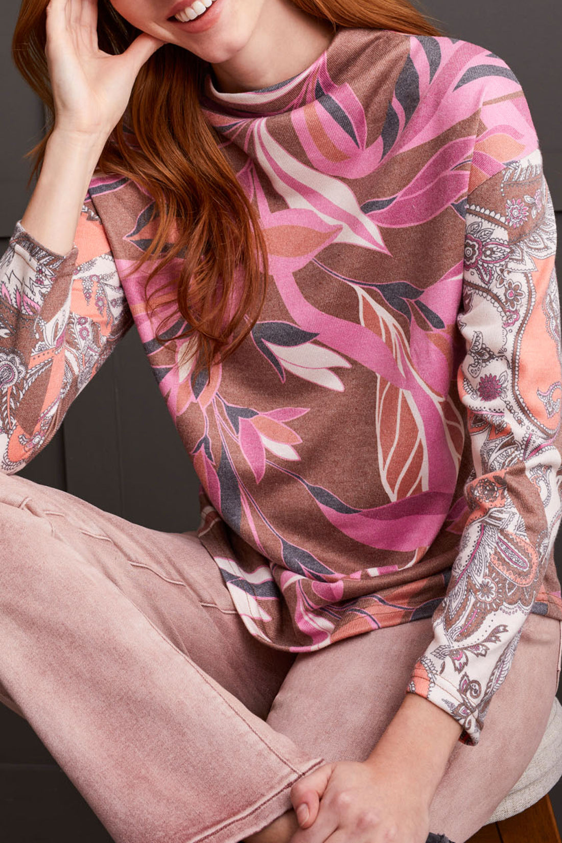 Tribal Fall 2024-5672O/3115-Drop Shoulder Funnel Neck Top-Marsala - The Coach Pyramids