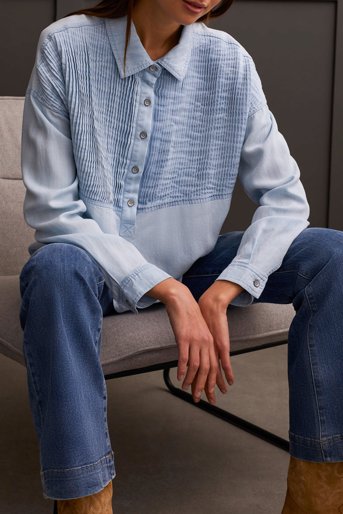 Tribal Fall 2024-5699O/2611-Pop Over Denim Tunic W/Tucking Detail-Soft Peri - The Coach Pyramids