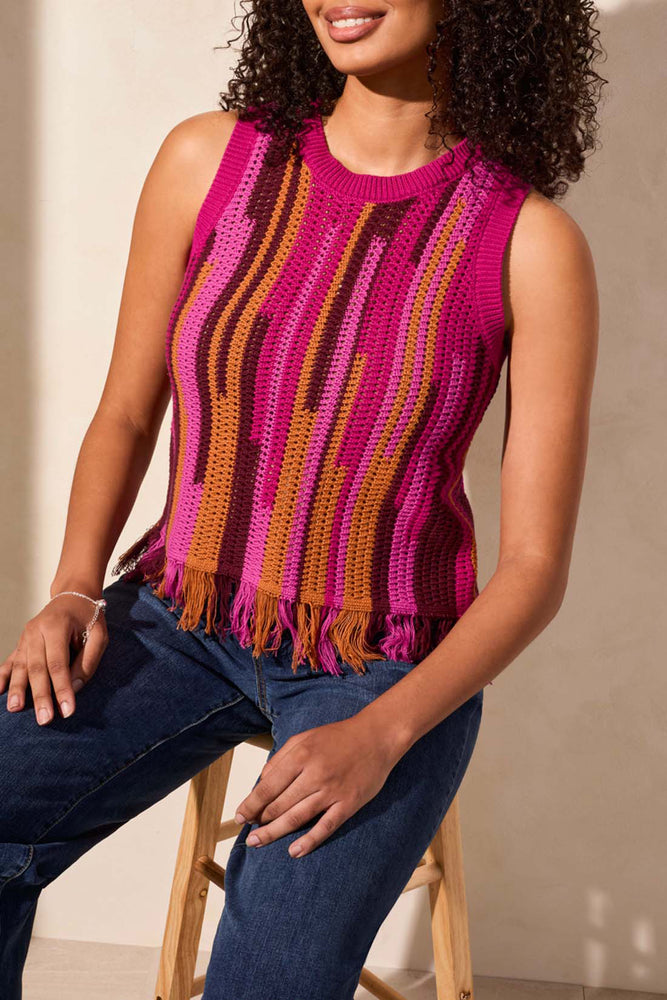 Tribal Spring/Summer 2025-5714O-576-Crew Neck Fringed Hem Sweater Cami-Orchid Sky Multi