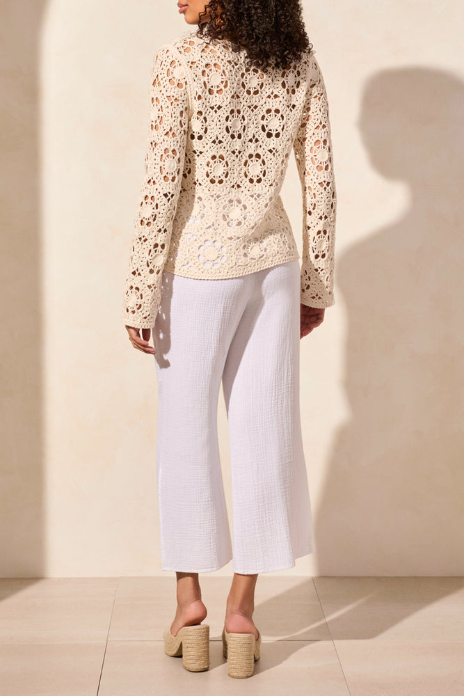 Tribal Spring/Summer 2025-5751O-5242-Open Fancy Crochet V Neck Bell Sleeve Sweater-Coco Milk