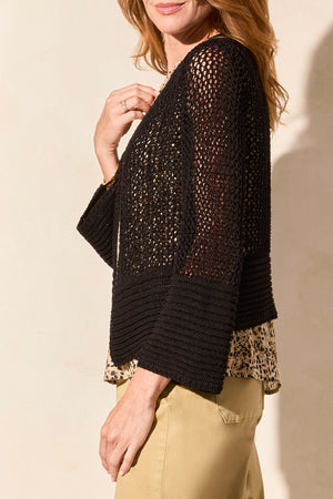 Tribal Spring/Summer 2025-5758O-5245-Bell Sleeve Open Stitch Sweater Cardigan-Black