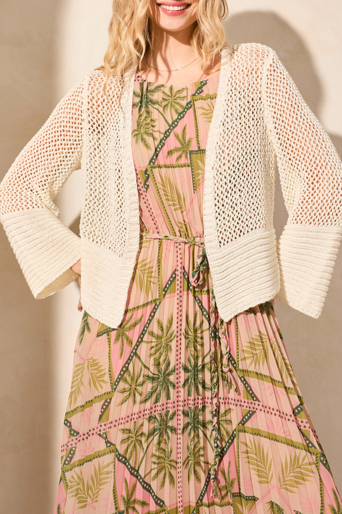 Tribal Spring/Summer 2025-5758O-5245-Bell Sleeve Open Stitch Sweater Cardigan-Coco Milk - The Coach Pyramids