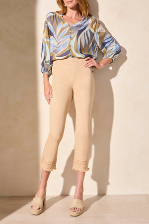 Tribal Spring/Summer 2025-5806O-4744-Pull On Straight Crop Jeans W/Fancy Embroidery-Soft Tan