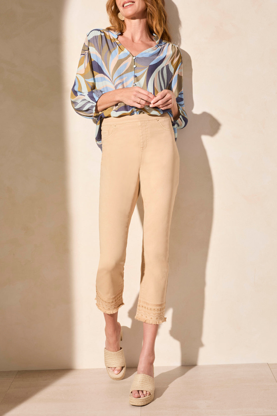 Tribal Spring/Summer 2025-5806O-4744-Pull On Straight Crop Jeans W/Fancy Embroidery-Soft Tan - The Coach Pyramids