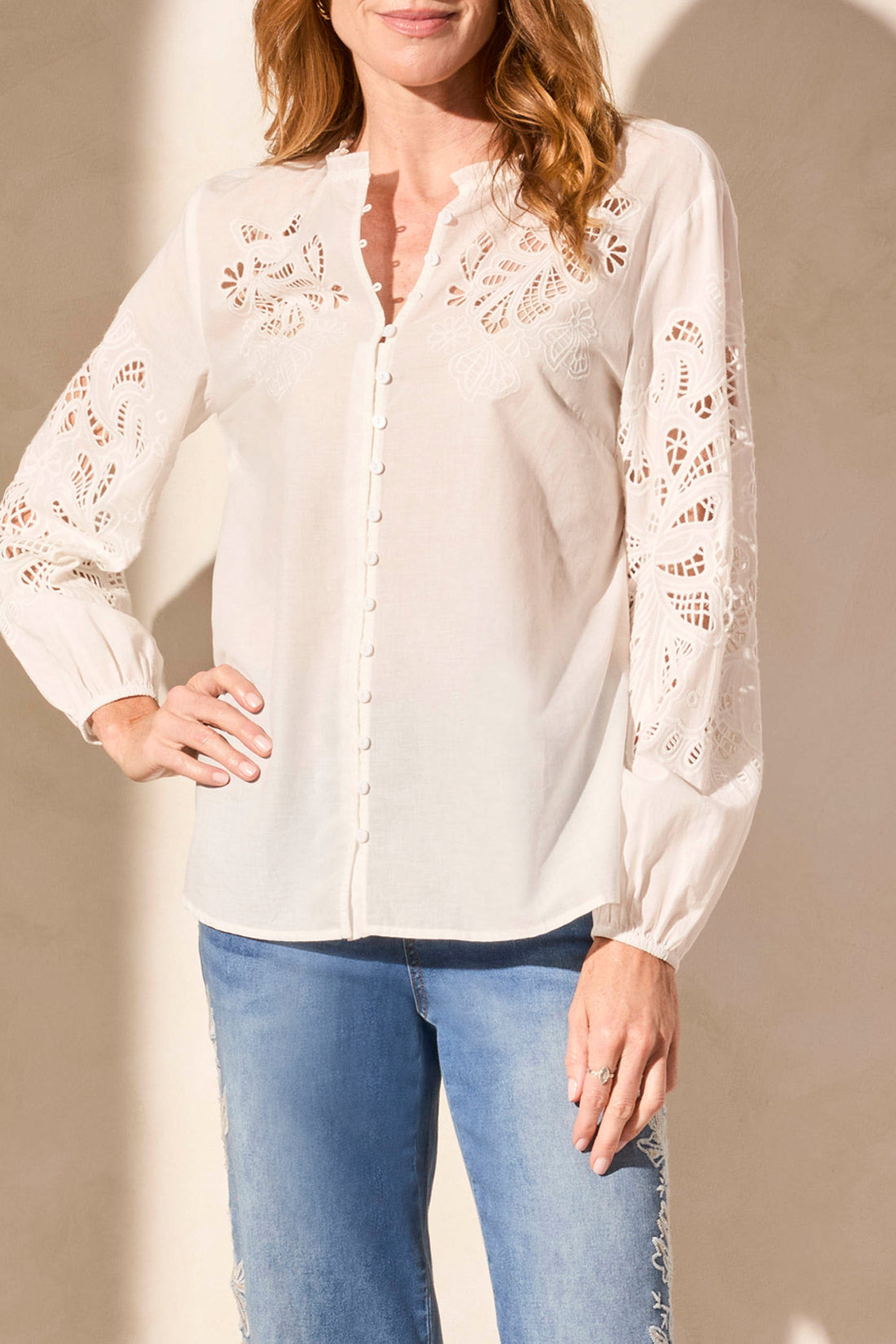 Tribal Spring/Summer 2025-5807O-5271-L/S Blouse W/Embroidery Cut Outs-White - The Coach Pyramids