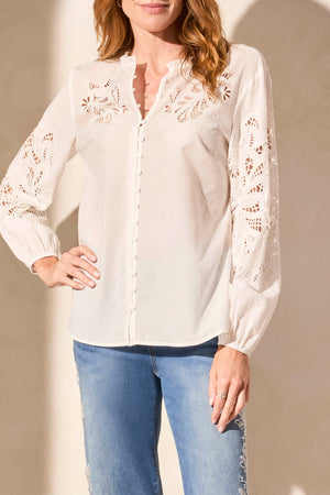 Tribal Spring/Summer 2025-5807O-5271-L/S Blouse W/Embroidery Cut Outs-White