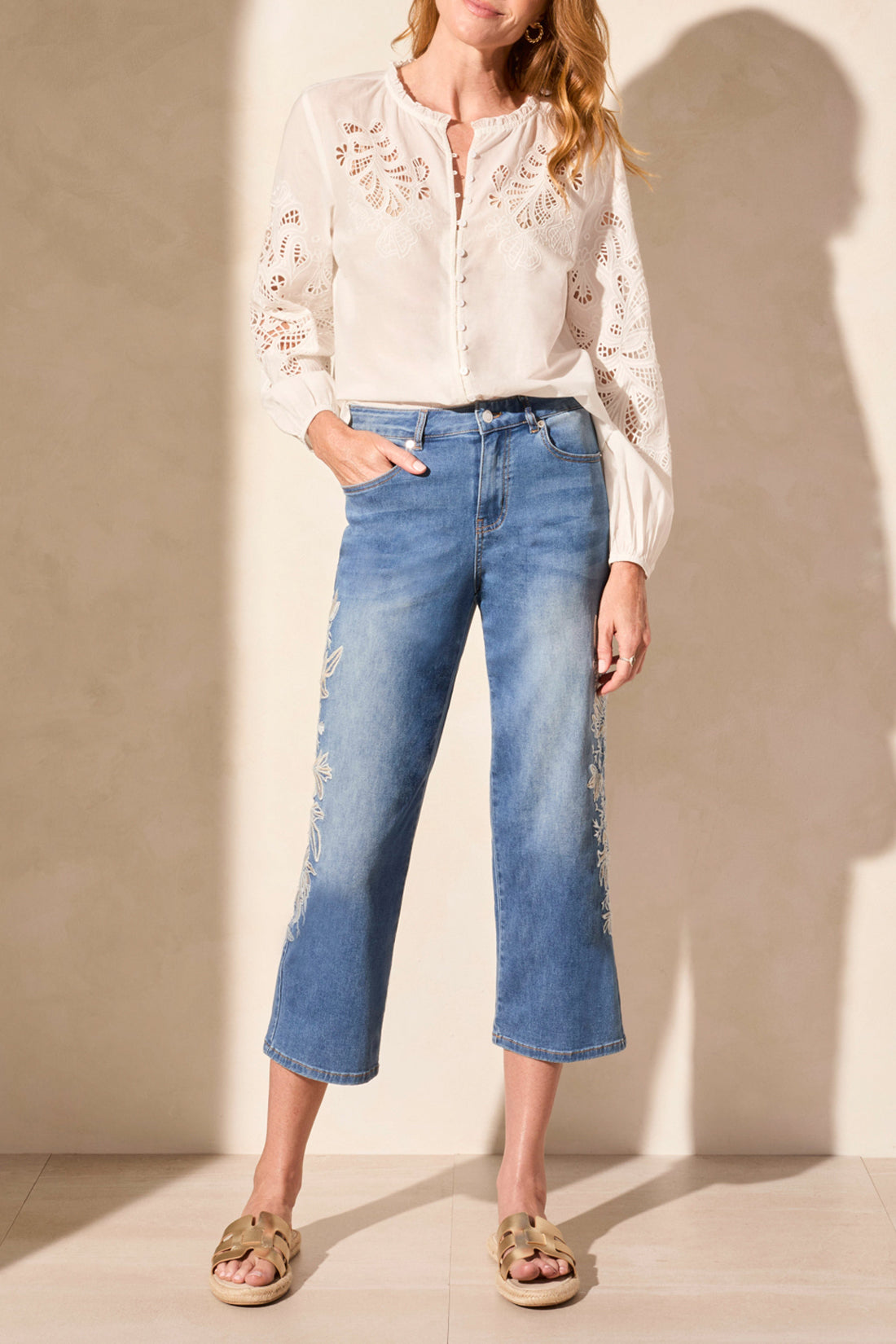 Tribal Spring/Summer 2025-5814O-4798-Crop Jeans W/Embroidery-Real Blue - The Coach Pyramids