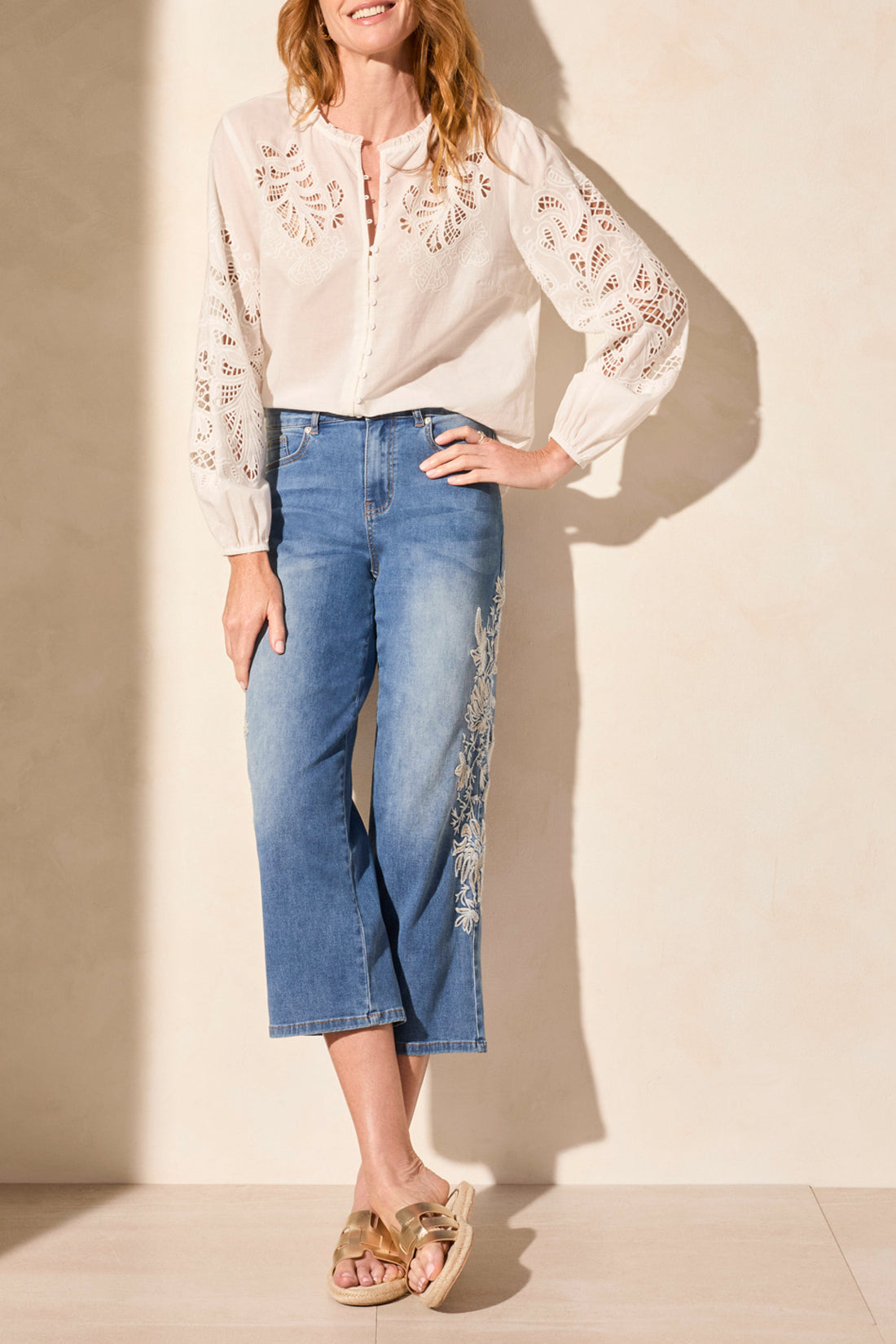 Tribal Spring/Summer 2025-5814O-4798-Crop Jeans W/Embroidery-Real Blue - The Coach Pyramids