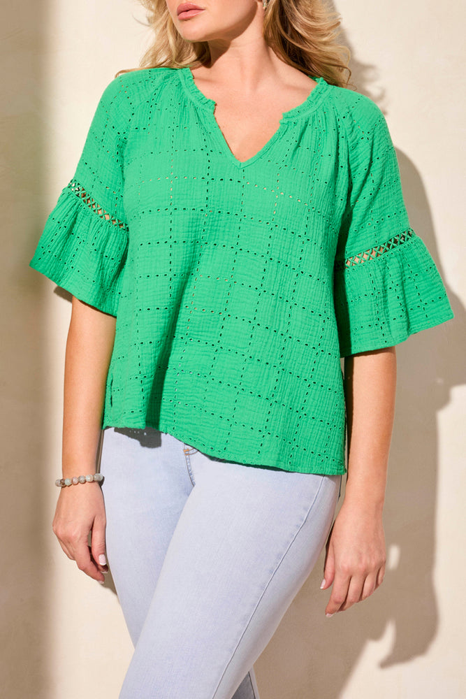 Tribal Spring/Summer 2025-5827O-5300-Raglan Sleeve Blouse W/Fancy Tape-Green Sea