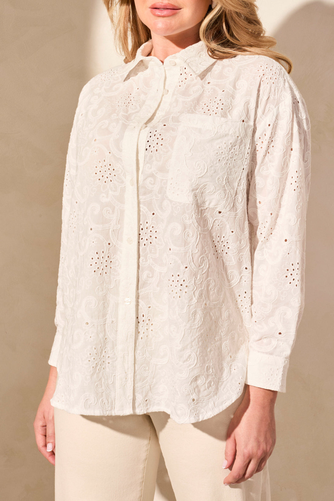 Tribal Spring/Summer 2025-5833O-5304-Eyelet Embroidery Shirt-White - The Coach Pyramids