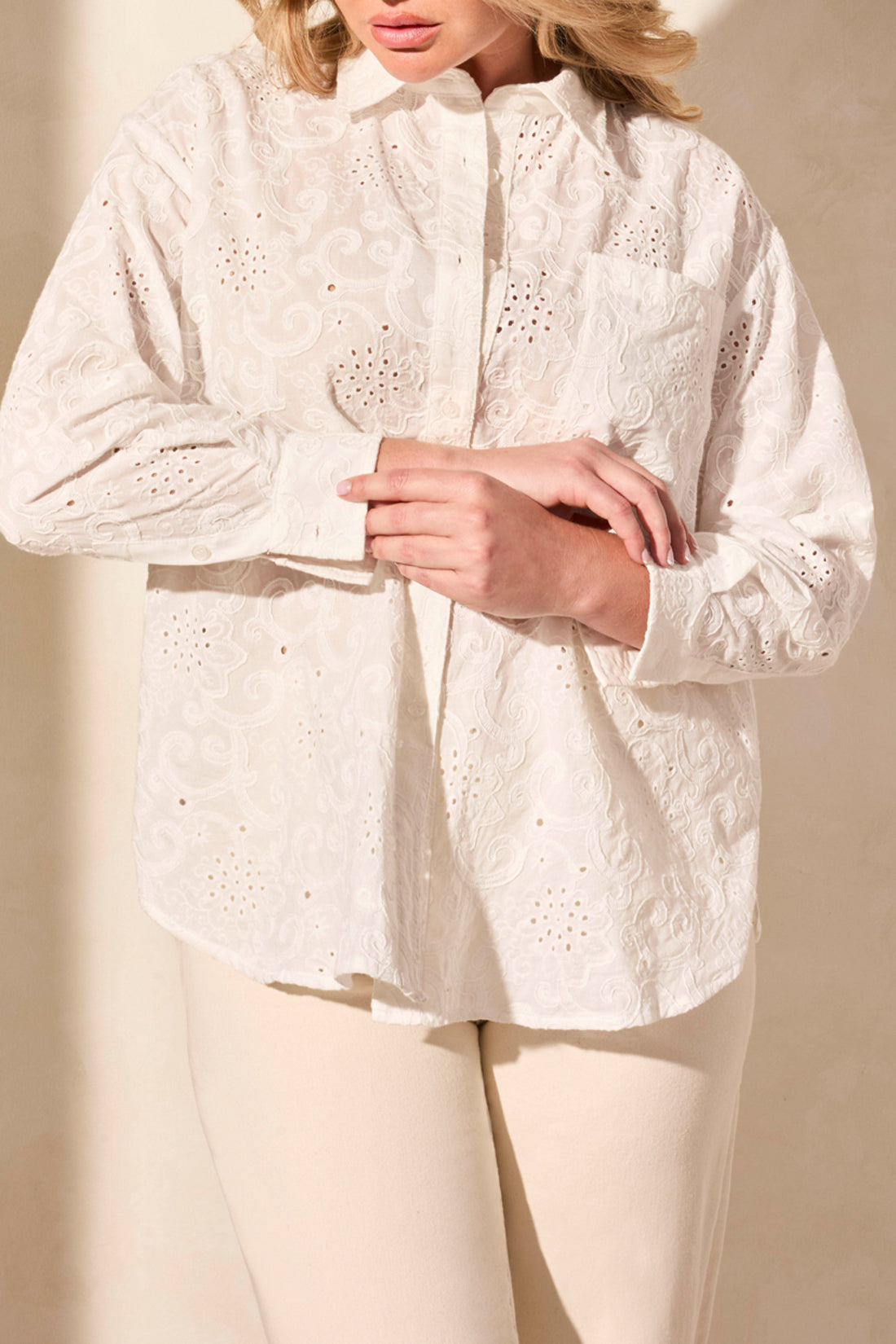 Tribal Spring/Summer 2025-5833O-5304-Eyelet Embroidery Shirt-White - The Coach Pyramids